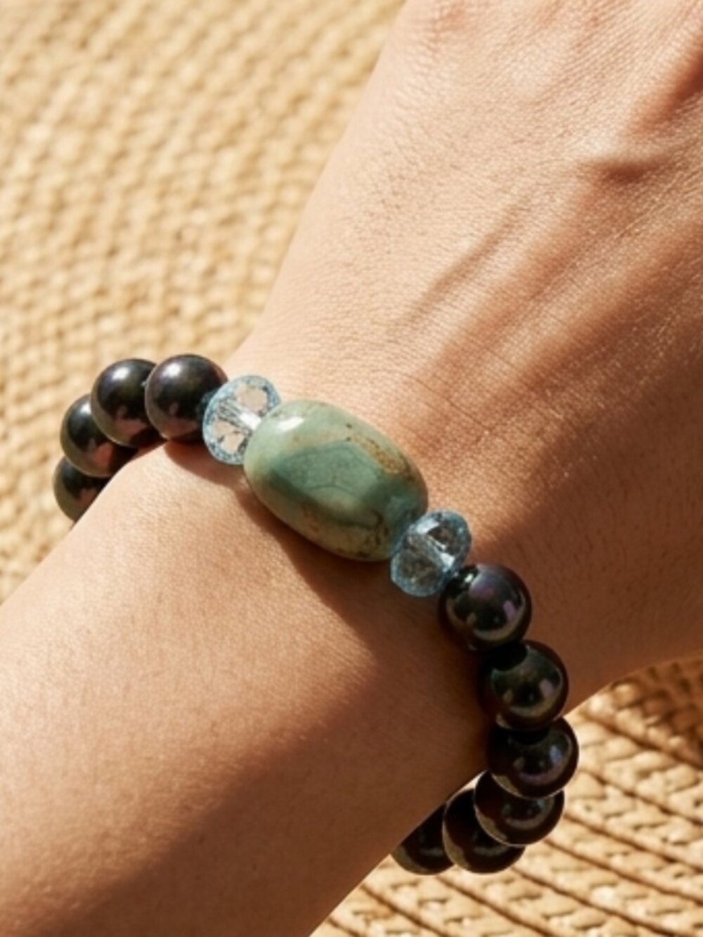 Pearl Bracelet w/Dragon Skin Agate & Aquamarine, Everyday Quiet Luxury Gift